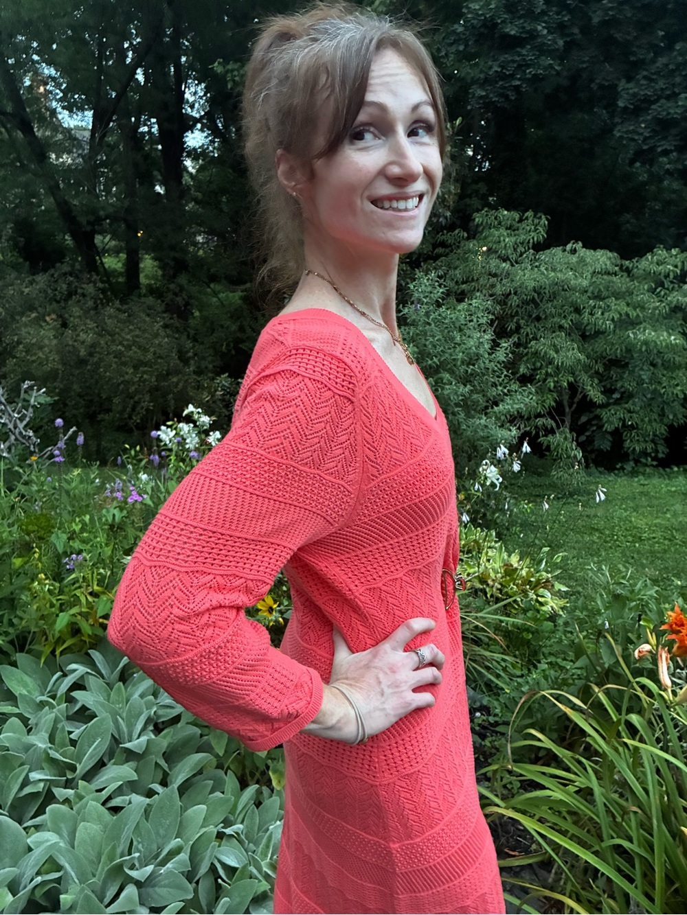 Textured Coral Knit V-Neck Dress